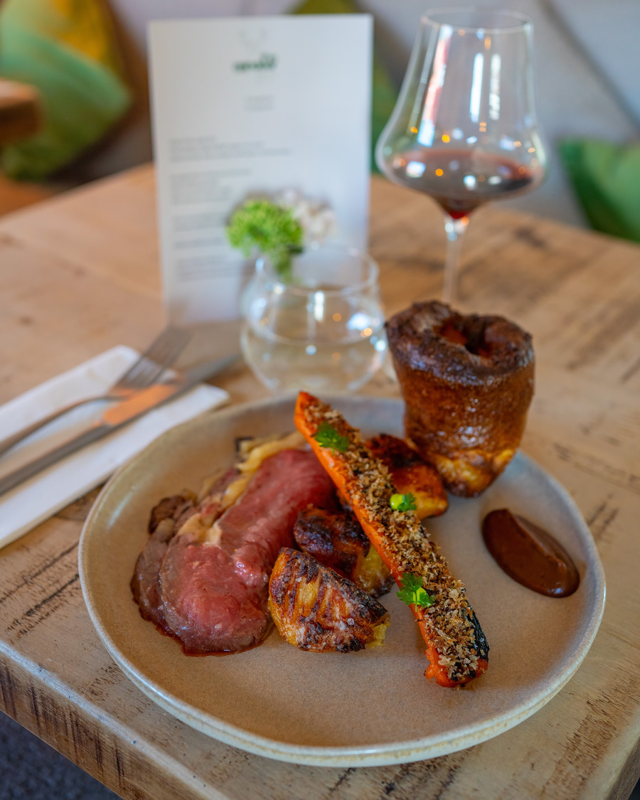 Sunday lunch near Southwell, dry-aged sirloin of Dunwood Farms beef with roast potatoes, Yorkshire pudding and seasonal vegetables