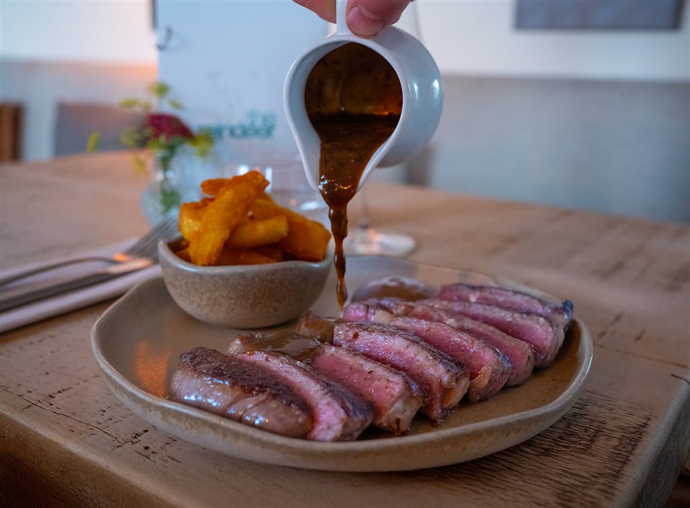 Sunday roast at The Reindeer Hoveringham, Dunwood Farms sirloin with roast potatoes, Yorkshire pudding and seasonal vegetables